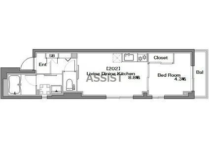 アキモトビル2ND(1LDK/2階)の間取り写真