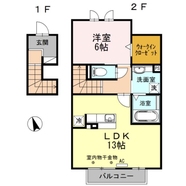 ウエスト フィールド C(1LDK/2階)の間取り写真