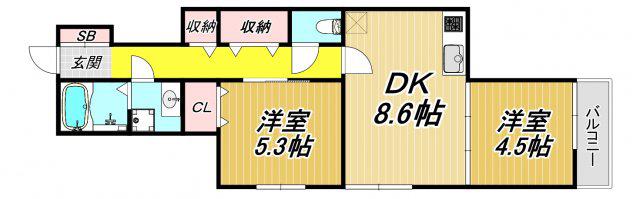 ハウス オブ グレイス(2DK/3階)の間取り写真