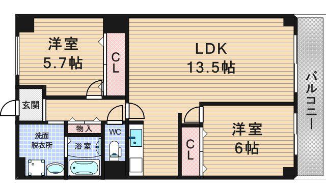 進和難波ハイライフ(2LDK/8階)の間取り写真