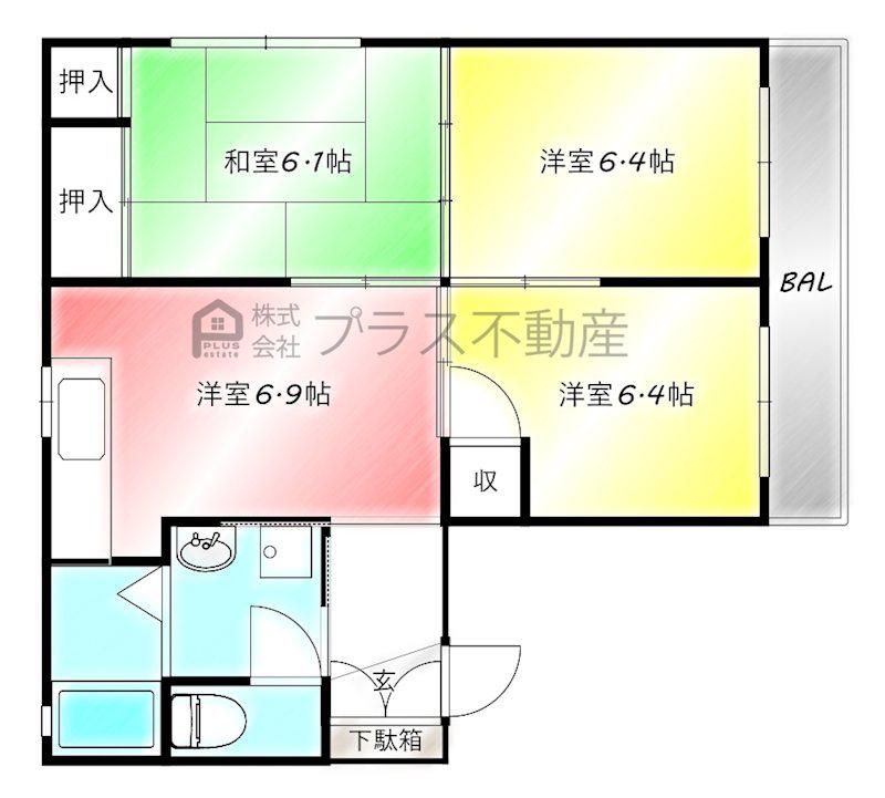 ドミール ルナ B棟(3DK/1階)の間取り写真