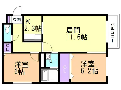 プレジャー室蘭駅前(2LDK/2階)の間取り写真