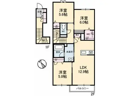 アンソレイユ B棟(3LDK/2階)の間取り写真