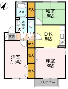 グレイス・クレセントB棟(3DK/1階)の間取り写真