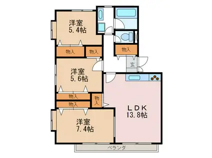 メゾン若宮D棟(3LDK/1階)の間取り写真