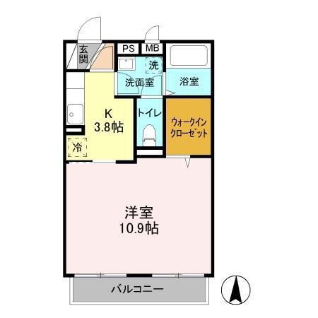 パークハイム長宮II(1K/2階)の間取り写真