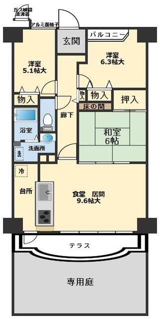 姫路シティハイツ(3LDK/1階)の間取り写真