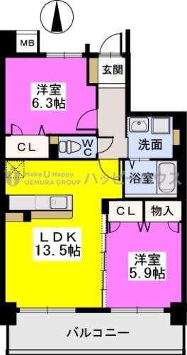 ブランコート筑紫野(2LDK/3階)の間取り写真