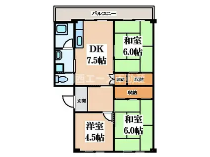 ペア大東朋来団地38棟(3DK/4階)の間取り写真