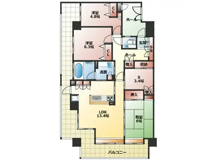 クレアシティー新石切(3SLDK/2階)の間取り写真