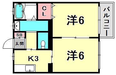 中山手ガーデンパレスC棟(2K/2階)の間取り写真