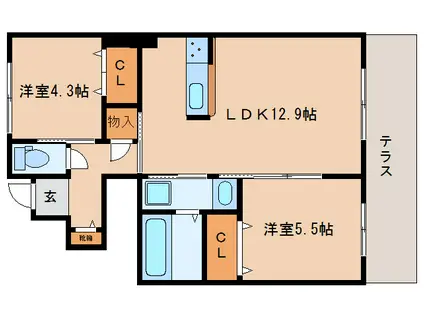 ラシーネ王寺 LCOURT(2LDK/1階)の間取り写真