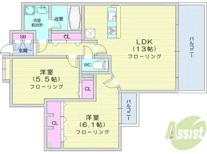 エレット長町(2LDK/13階)の間取り写真