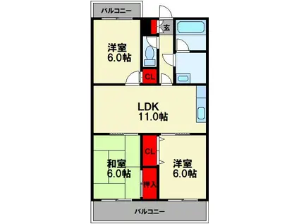ヴィレッジ飯塚(3LDK/5階)の間取り写真