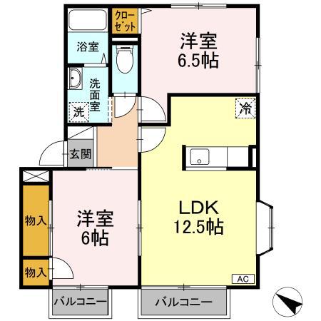 グリューネ二木(2LDK/2階)の間取り写真