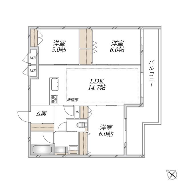 浦和区領家3丁目メゾン南棟(3LDK/3階)の間取り写真