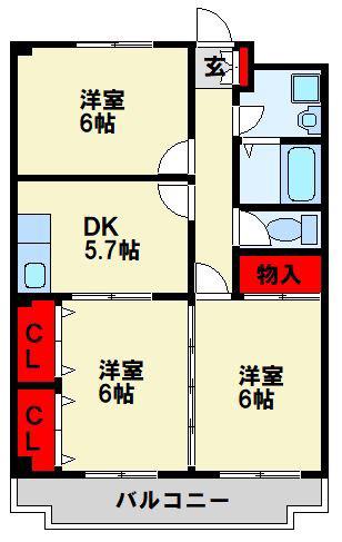 ドミール三ヶ森(3DK/2階)の間取り写真