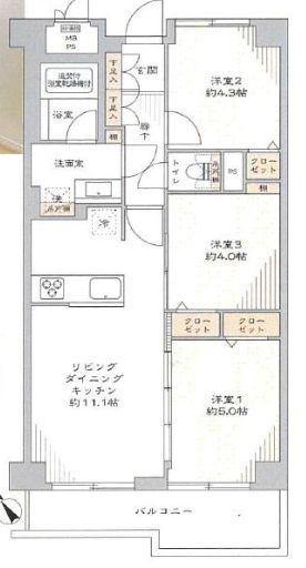 前野町6丁目マンション(3LDK/5階)の間取り写真