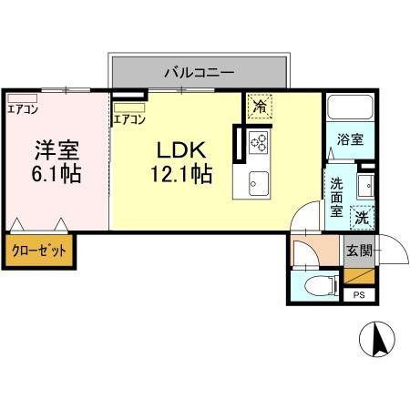 D-ROOM弁天3丁目 A棟(1LDK/2階)の間取り写真