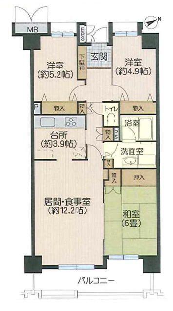 小松川五番館1号棟(3LDK/2階)の間取り写真