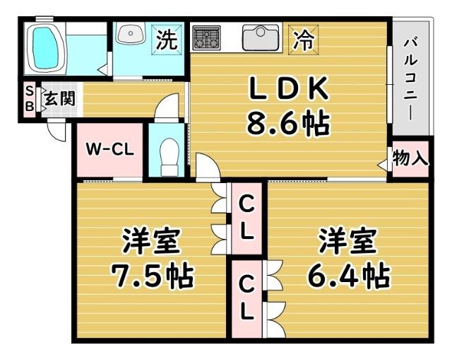 シャーメゾン田川北(2LDK/1階)の間取り写真