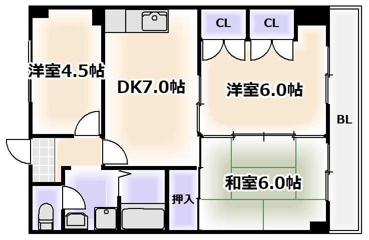 ファミリオン田辺(3DK/3階)の間取り写真