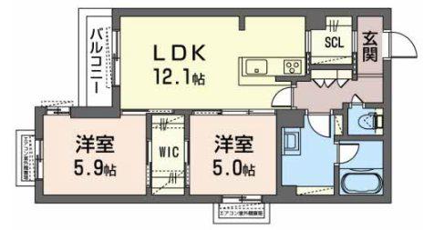 シャーメゾン八戸ノ里(2LDK/2階)の間取り写真