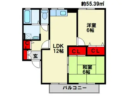 セジュールやつえB棟(2LDK/1階)の間取り写真