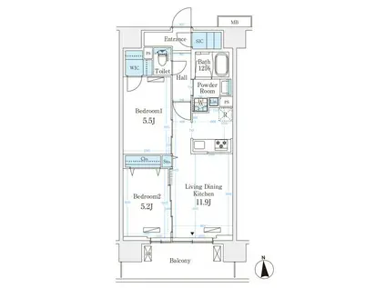 ハビテ本厚木(2LDK/11階)の間取り写真