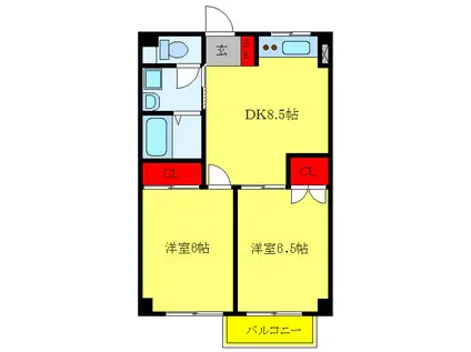 タケノヤハイツ朝日第二(2DK/3階)の間取り写真