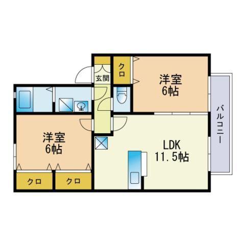 ヴィルヌーブA・S(2LDK/1階)の間取り写真