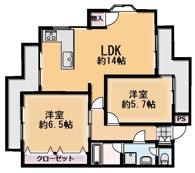 ベルシオン鶴見A棟(2LDK/2階)の間取り写真