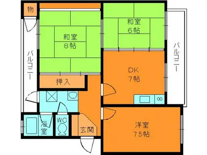 三室山コープタウン(3DK/1階)の間取り写真