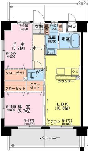 延岡・北小路YMマンション(2LDK/8階)の間取り写真