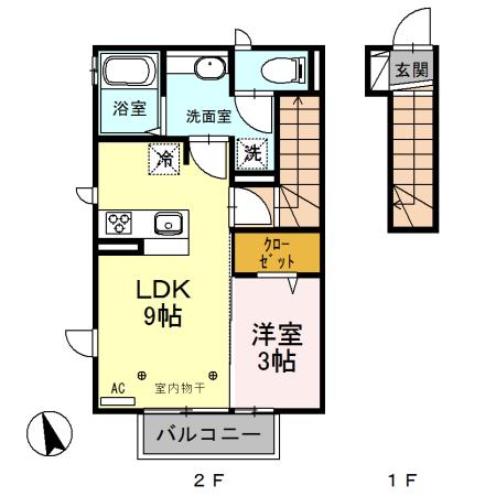 D-ROOM塩山扇田 B(1LDK/2階)の間取り写真
