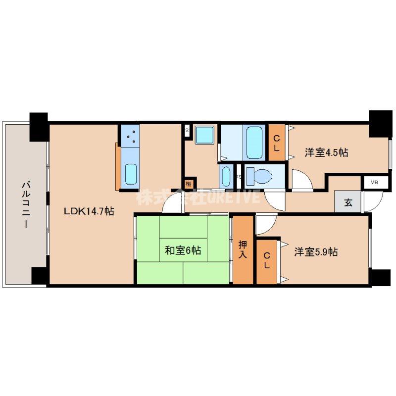 ベルヴィ草津(3LDK/8階)の間取り写真