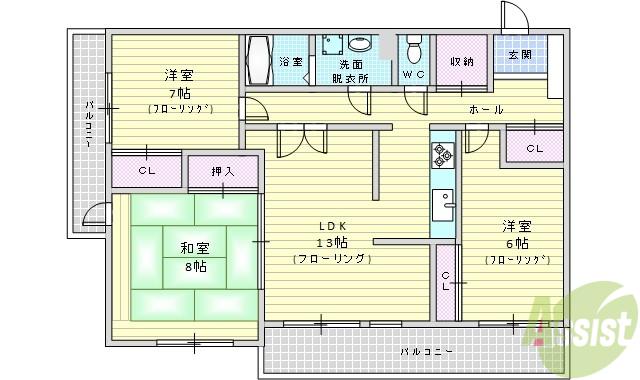 サンライズコート緑地公園B棟(3LDK/3階)の間取り写真