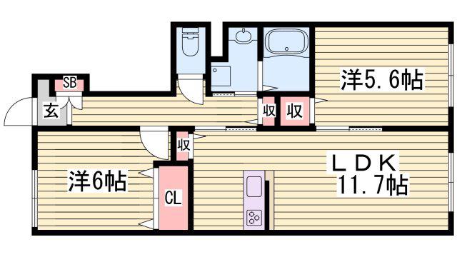 シャンティ夢前B(2LDK/1階)の間取り写真