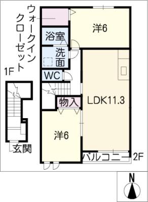 カーサ・モデルノ(2LDK/2階)の間取り写真