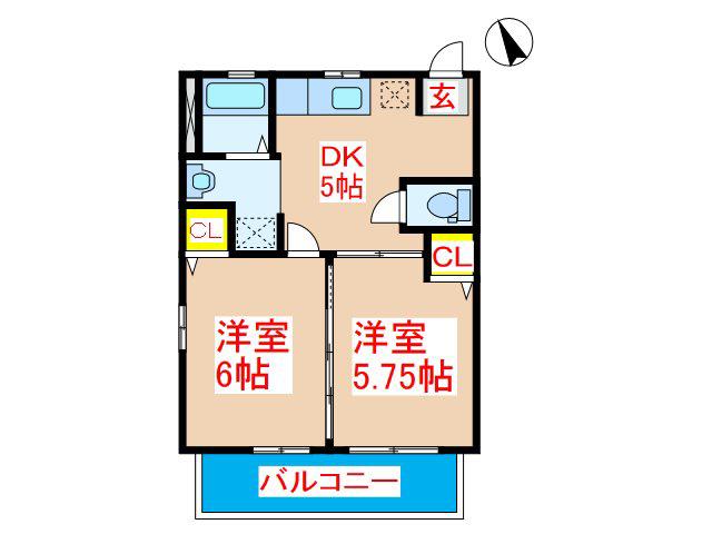 ガーデンプレイス広瀬B棟(2DK/2階)の間取り写真