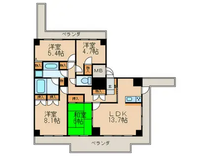 パークハウス猪名川壱番街B棟(4LDK/10階)の間取り写真