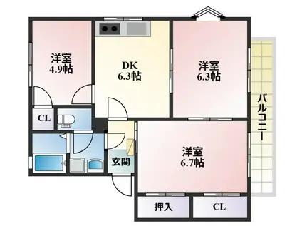 ウエストコートロストロC棟(3DK/2階)の間取り写真
