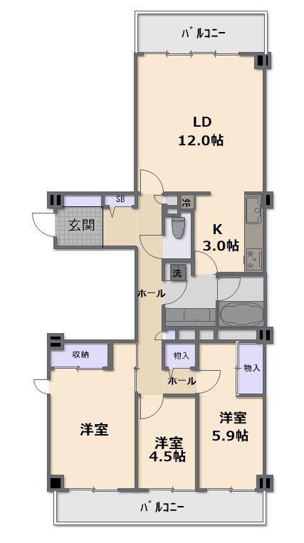 ヴィルセゾン小手指A(3LDK/3階)の間取り写真