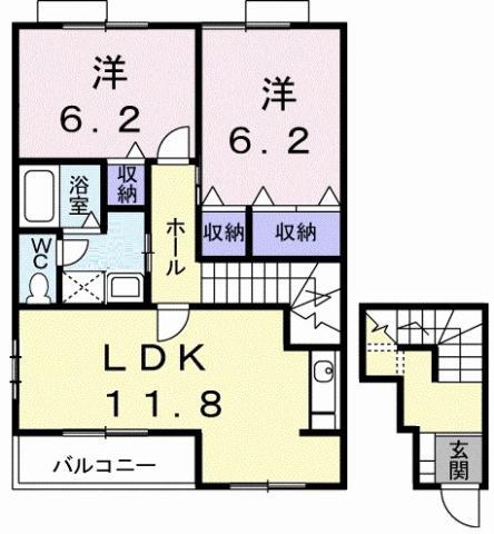 フォンテ-ヌB(2LDK/2階)の間取り写真