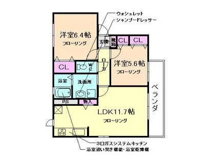 パルケアミスタ I棟(2LDK/2階)の間取り写真