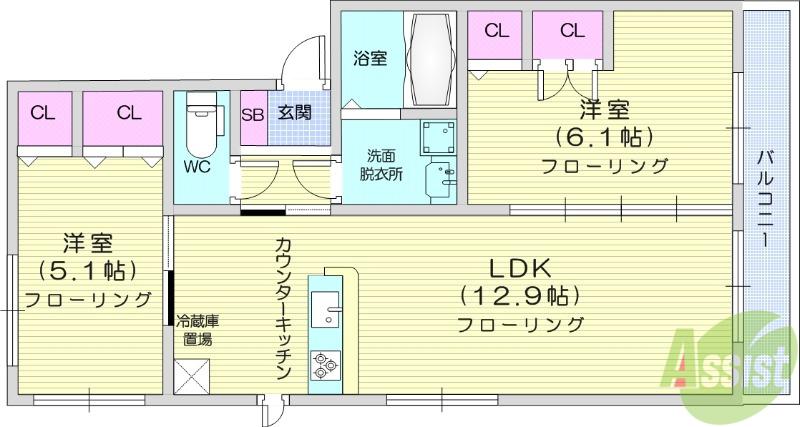 クレージュ大和町(2LDK/1階)の間取り写真