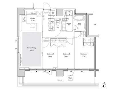 ザ・パークハビオ代々木(3LDK/7階)の間取り写真