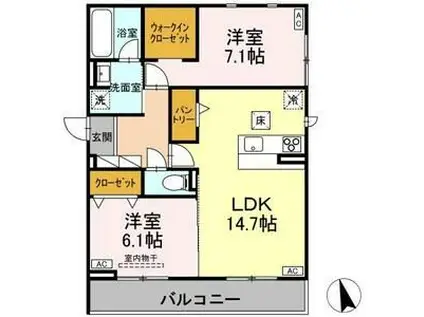 セレスティア長良 ウエスト(2LDK/1階)の間取り写真