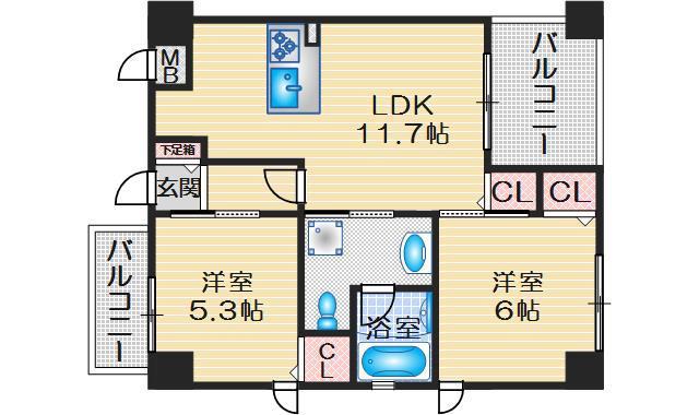 PHOENIX緑地公園(2LDK/4階)の間取り写真