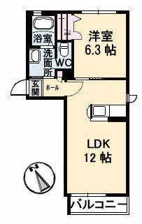 アルカサルB棟(1LDK/2階)の間取り写真
